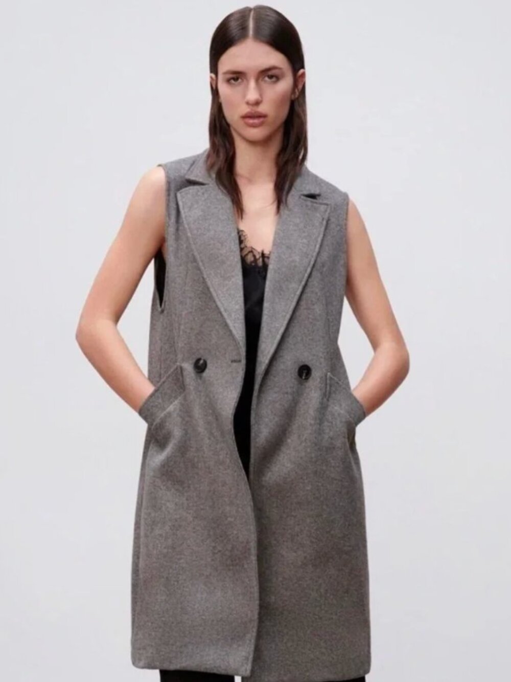Zara - Heather Grey double-breasted long line vest - Size XL